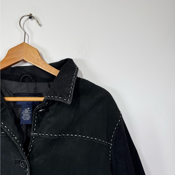 Vintage Black Suede Leather Jacket Contrast White Stitching Patch Boho 90s - Picture 4 of 6